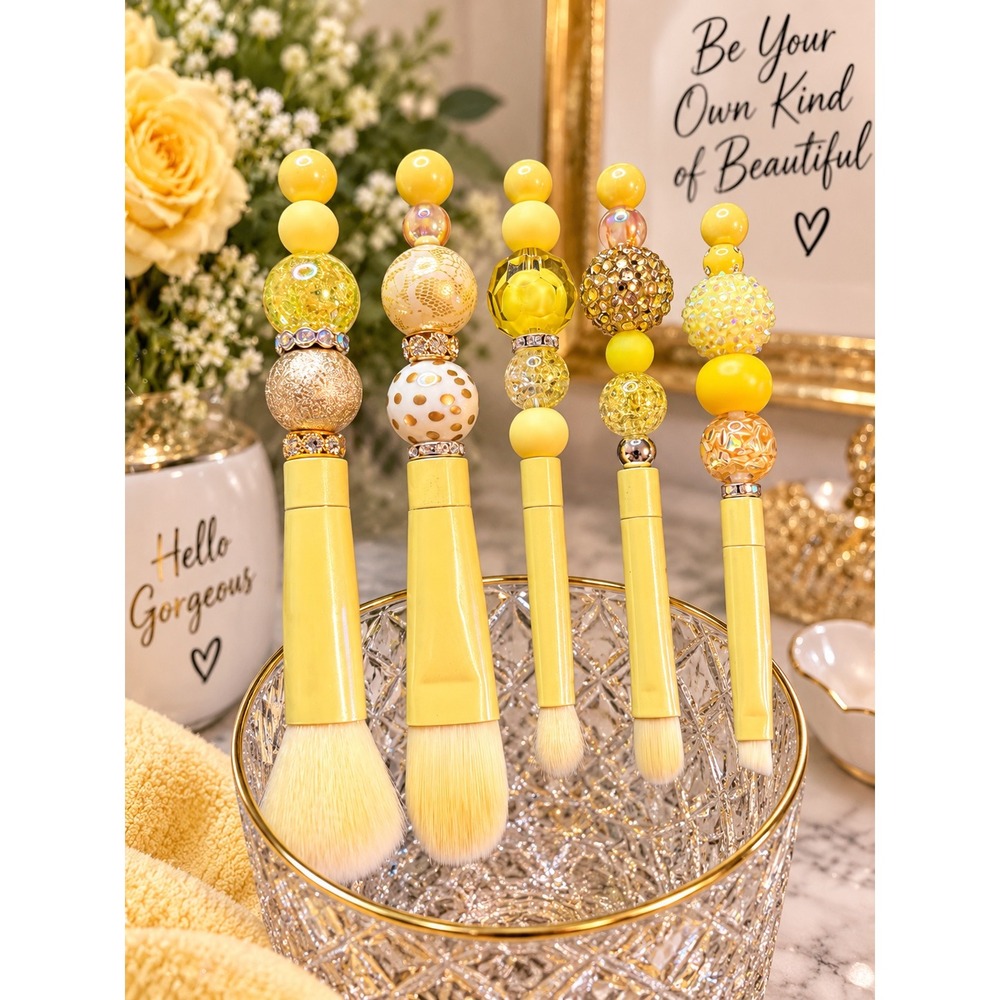 Handmade Yellow Beaded Makeup Brush Set 5pc Custom Crystal Rhinestone Vanity